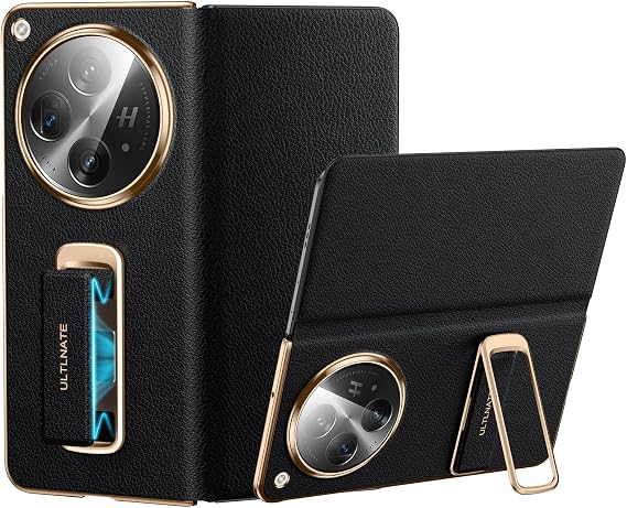 Magnetic Leather Case for OnePlus Open with Rotating Kickstand & Hand Strap, Premium Vegan Leather & Full Hinge & Camera Protection, All-Around Shockproof Protection Stand Cover, Black