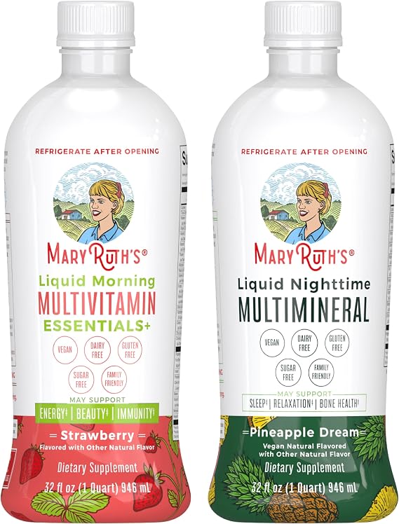 MARYRUTH'S Liquid Morning Multivitamin (Strawberry) & Liquid Nighttime Multimineral (Pineapple) | Clean Label Project Verified | Vitamins & Magnesium for Energy, Bedtime, Overall Health | Vegan