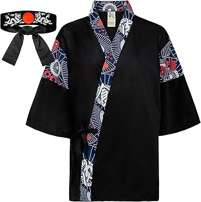 Japanese Sushi Restaurant Chef Coat Uniforms, 34 Sleeve Kimono Floral Workwear Jacket with Dragon Black Headband