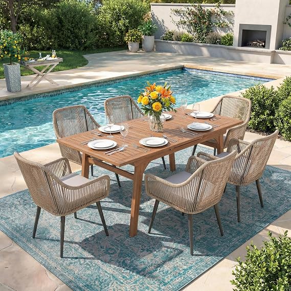 Patiorama 7 Piece Outdoor Dining Set, 55"-71" Wood Expandable Table, Tan | Patio Dining Table Chair Set Acacia Wood Extendable Table with All-Weather Twisted Rattan Chairs for Patio, Yard, Garden