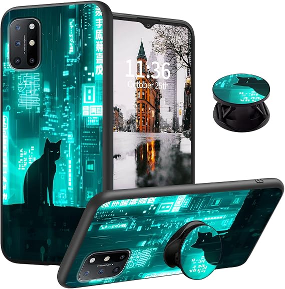 Designed for OnePlus 8T Case with Finger Expanding Stand Holder, Soft TPU Silicone Slim Phone Cover Shockproof Drop Proof Protective for OnePlus 8T, Cyberpunk Cityscape
