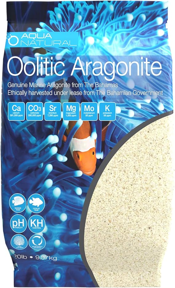 Aqua Natural Aquarium Sand, Oolitic Aragonite, 20lb | Reef, Saltwater, Marine and Cichlid Tanks