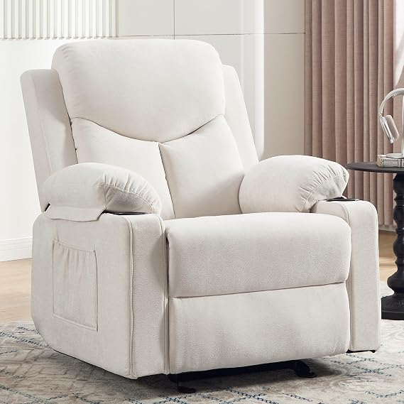 Manual Rocker Recliner Chair for Adults with Massage, Overstuffed Glider Rocking Chair with Cup Holders and Pockets for Living Room, Reclining Sofa Chair for Bedroom Nursery,Beige