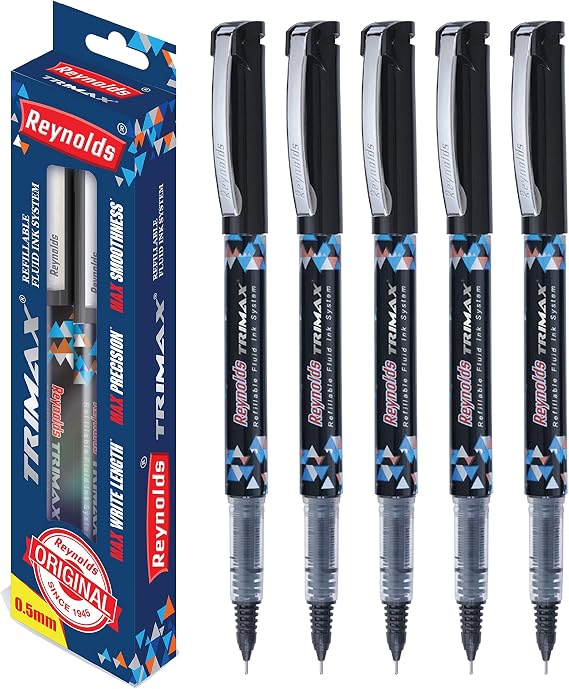 Reynolds Trimax 0.5mm Needle Point Liquid Gel Pens - Pack of 5 Black Ink (Ship From India)