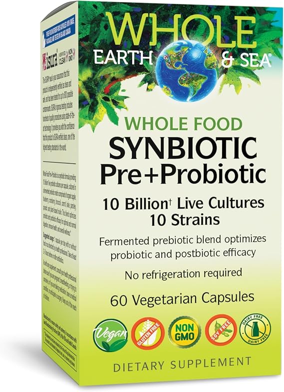 Whole Earth & Sea Synbiotic Prebiotic + Probiotic 10 Billion, 60 Capsules | Whole Food-Based Synbiotic Supplement with Prebiotics, Probiotics & Whole Foods to Support Digestive & Immune Health*