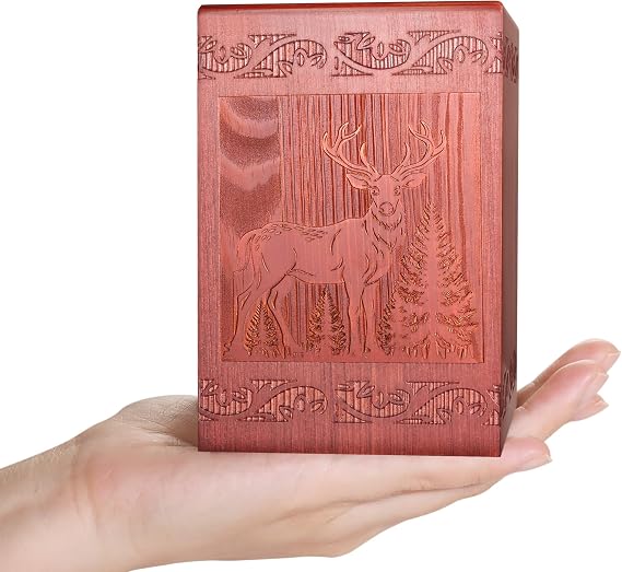 Wooden Cremation Urn for Human, Wood Handmade Engraved Deer Decorative Box, Funeral Urns for Adult Male Female Burial or Memorial Keepsake, Urns for Ashes Men, Holds 18 Cubic Inch (1, Keepsake)