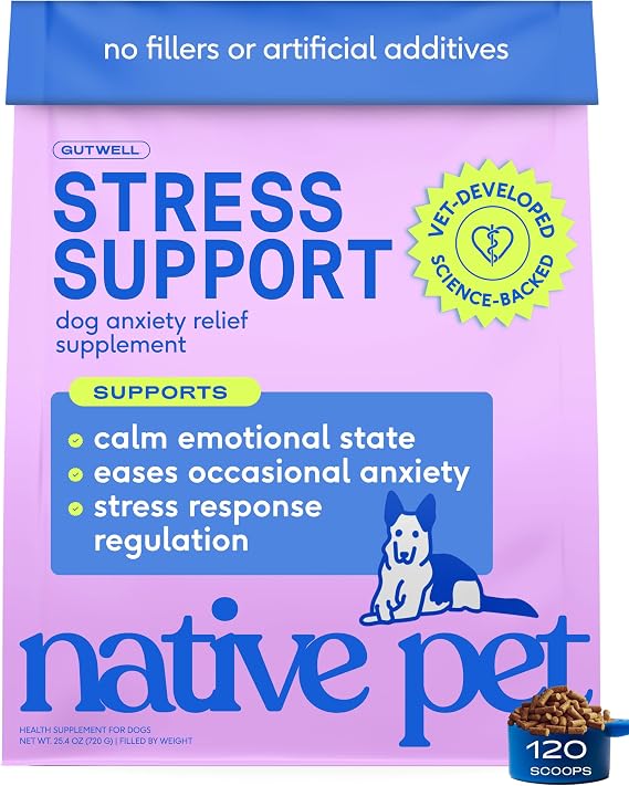 Native Pet GutWell Stress Support - Dog Anxiety Relief & Calming Supplement - Promotes Emotional Wellbeing, Regulates Stress Response & Balances Gut-Brain Axis - Triple-Biotic & Magnesium - 120 Scoops