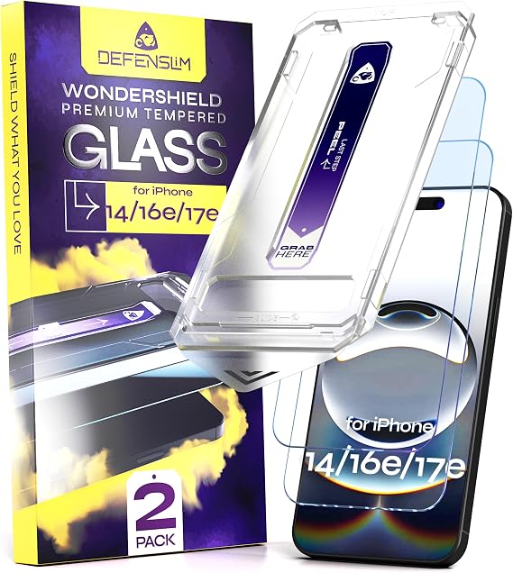 Defenslim for iPhone 14 / 16e / 17e Screen Protector (2Pack), Easy Auto-Dust & Align Install Kit, 6.1" Tempered Glass, 9H Hardness, Ultra HD Clear, Case Friendly, WonderShield
