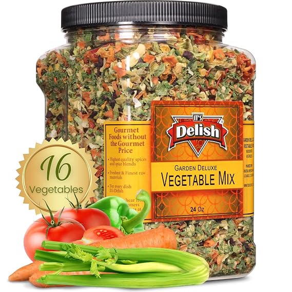 Garden Deluxe Vegetable Soup Mix by Its Delish, 24 OZ Jumbo Container | 16 Natural Dehydrated Vegetables for Ramen Noodles, Soup Greens with Beets | Freeze Dried Veggie Blend | No MSG, Vegan, Kosher