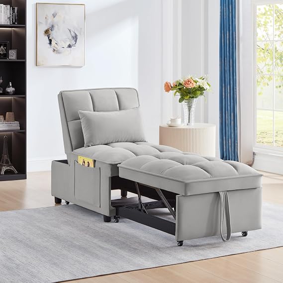 4 in1 Multi-Function Single Sofa Bed with Storage Pockets,Tufted Single Pull-Out Sofa Bed with Adjustable Backrest and Pillows,Convertible Chaise Lounge,for Small Room Apartment (Gray)