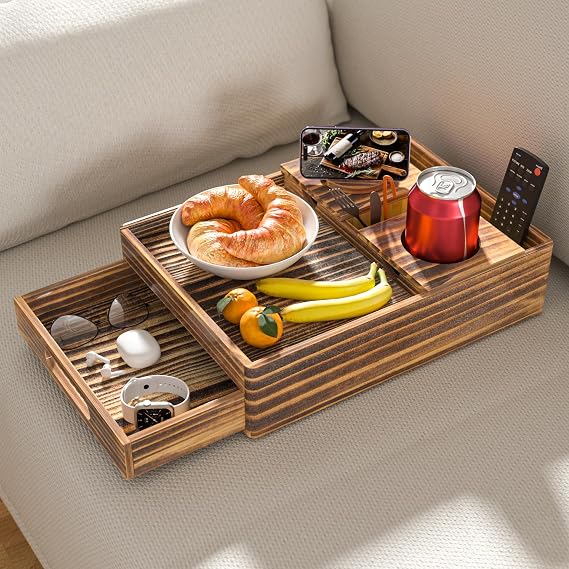 Vintage Wood Couch Holder 7-in-1 Couch Table with Push-Pull | Sofa Side Table to Organize and Store Small Objects, 360Swivel Phone Holder, for Drinks, Cups, Snacks, Remote