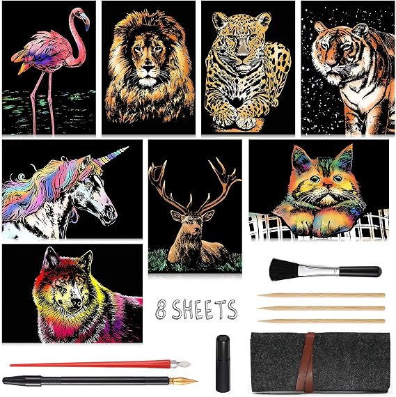 8-Sheet Rainbow Scratch Art with Tools for Adults & Teens, A4 Animals