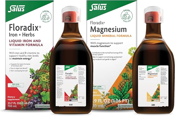 Floradix by Salus Magnesium (16.9 oz) & Iron & Herbs (23.7 oz) Bundle - Magnesium for Bone Support, Digestive Health & More* - Iron Supplement for Healthy Energy Support*