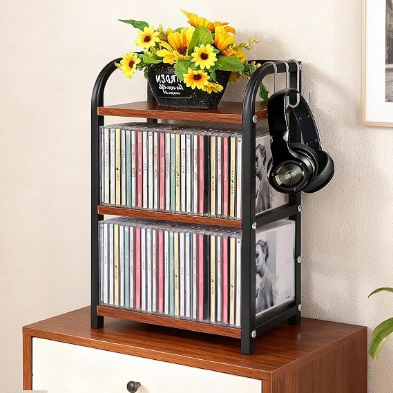 Rainmae 3-Tier CD Storage Shelf for Display Wooden Metal CD Holder Desk Rack Organizer Sturdy Game Disc Display CD Organizer for Countertop Storage Media Shelf Home Office Ideal for Music Enthusiasts