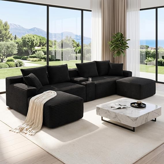 127" U-Shape Cloud Boneless Couch, Sectional Sofa with Storage, Cups