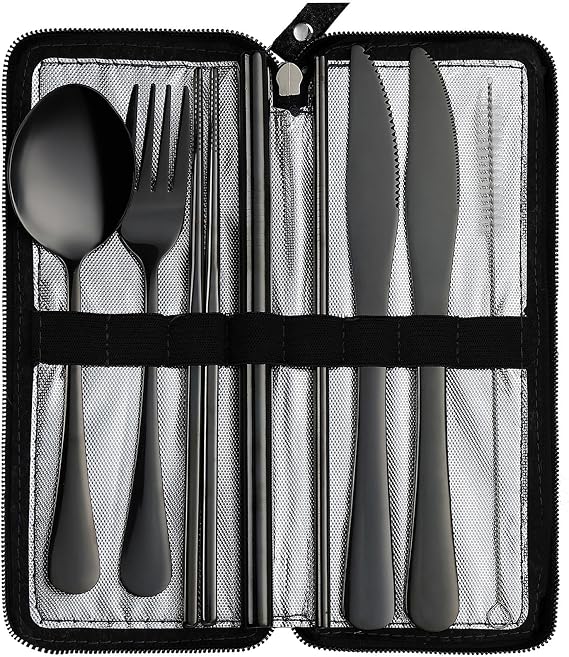 DEVICO Camping Utensils, Stainless Steel Travel Silverware Set with Case | 9Pcs Portable Cutlery Set, Reusable Flatware adult, Steak knife, Boba Straw, Fork and Spoon Set for Lunch box, Work (Black)