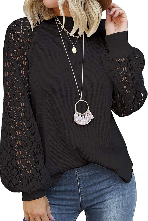 MIHOLL Women's Long Sleeve Tops Lace Casual Loose Blouses Shirts Dressy Outfits