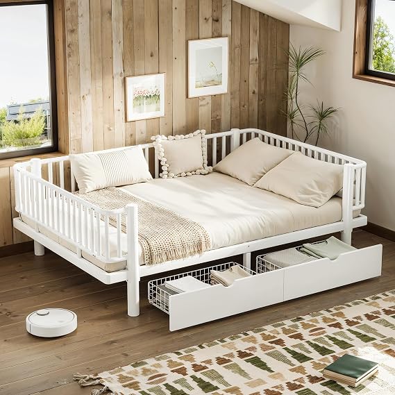 Metal Full Size Daybed with Storage Drawers, Convertible Daybed to Platform Bed Frame with Removable Guardrail, Full Size Low Profile Day Bed Frame with Solid Metal Slats, No Box Spring Needed, White