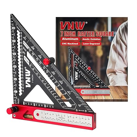 6-in-1 Carpenter Square 7 inch (1/8" Precision) Rafter Square Multi-Purpose Carpenter Tools:Square,Protractor, 1/16" Precision Steel Ruler,Marking Gauge,T-Bevel Gauge,Bubble Level