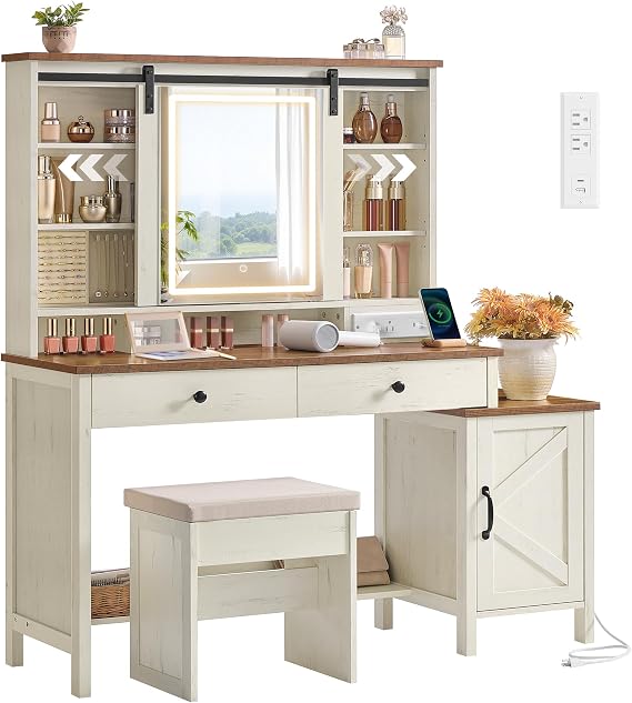 VASAGLE LIRY Collection - Vanity Desk with Mirror and Lights, Farmhouse Makeup Vanity with Stool, Charging Station, 2 Drawers, Jewelry Storage, for Bedroom, Rustic White and Honey Brown URDT135W01S