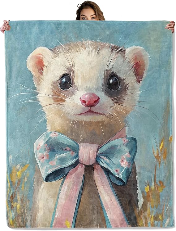 Cute Ferret Blanket for Home Decoration, Blue Bow Animal Design, Kids Boys Girls Women Gifts, 50"x60", Soft Fleece, Lightweight and