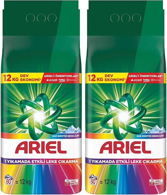 Ariel Dağ Esintisi Renkliler Toz Çamaşır Deterjanı 12 Kg 80 Yıkama (2 paketi)