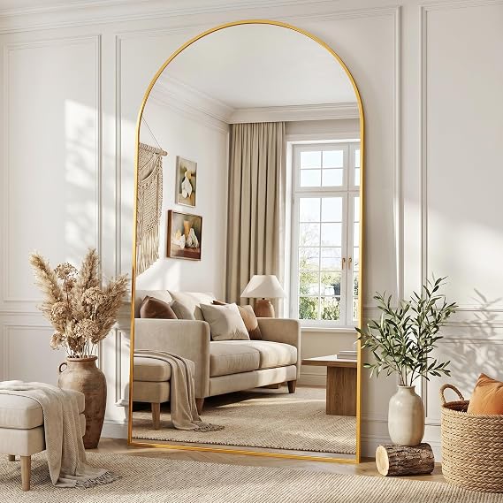 Full Length Mirror, 76"x44" Floor Mirror Freestanding, Oversized Floor Standing Full Body Mirror with Stand for Bedroom, Hanging Mounted for Living Room Cloakroom, Gold, Arched