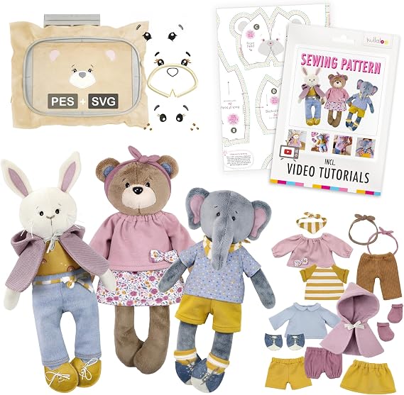kullaloo Dress Me Bestie - Stuffed Animal Sewing Patterns for Bunny, Bear & Elephant Kids Companions with Removable Outfits | Paper Pattern, QR Video Tutorials, PES & SVG Files | Designed in Canada