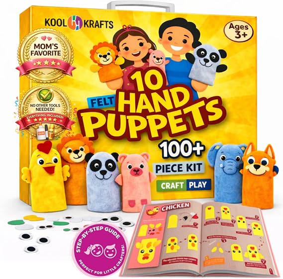 Hand Puppet Kit Make Your Own Animal Characters, 10 Felt Pieces, Simple Step-by-Step Instructions, Arts & Crafts Activity for Kids, Role Play & Storytelling Birthday Gift