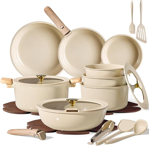 CAROTE 25pcs Ceramic Cookware Set, Pots and Pans Set with Detachable Handle | Non-Stick, Non-Toxic, PFAS & PFOA Free, Induction Compatible, Dishwasher & Oven Safe, Space Saving, Camping Cooking, Oatmeal