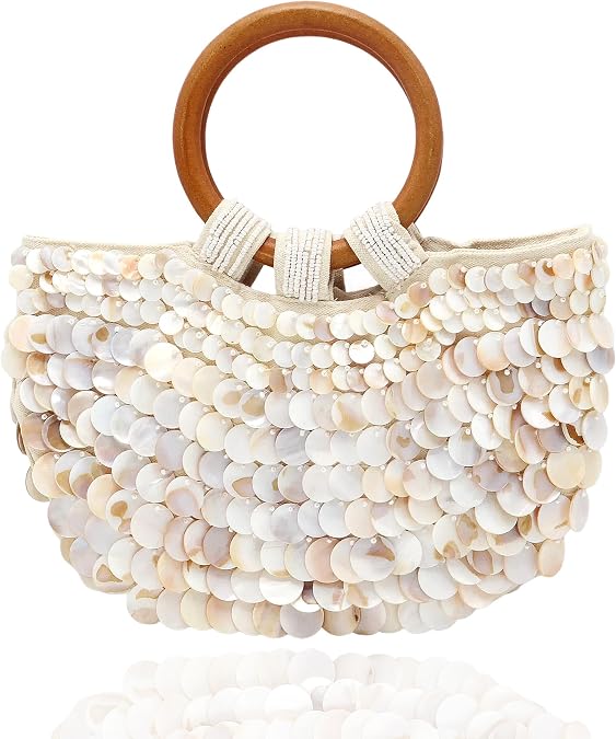 Miuco Shell Purse For Women Handmade Seashell Beaded Clutch Beach Wooden