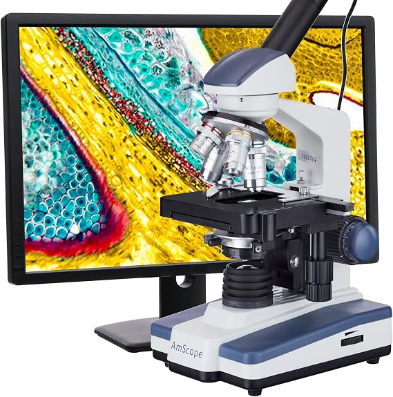 AmScope 40X-2000X LED 単眼デジタルコンパウンド顕微鏡 3Dステージと1.3MPカメラ