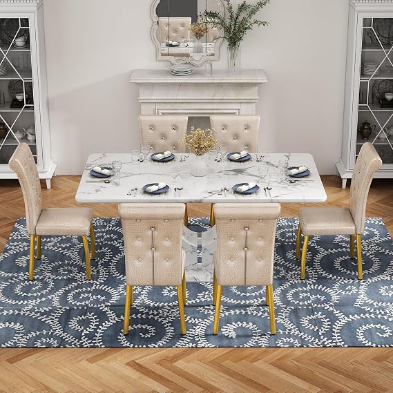 JUFU 63-Inch Faux Marble Dining Table Set for 6, Beige Chairs, Gold Legs