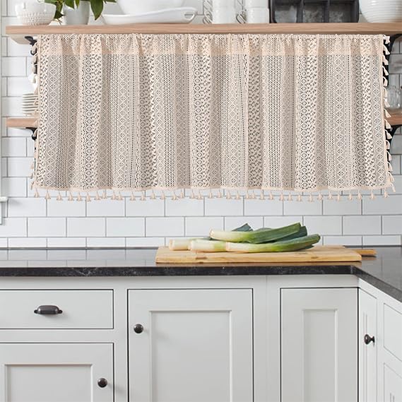 RYNGHIPY Crochet Curtain Valance for Kitchen Window, Shabby Macrame Curtain Tiers with Tassels,Farmhouse Cotton Crochet Lace Window Treatment, 55 x 18 Inches Length