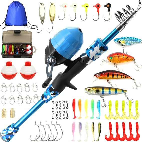 Kilitn Kids Fishing Pole Kit, Easy Fishing Telescopic Casting Rod and Spincast Reel Combos Full Set with Tackle and Travel Bag, for Boys, Girls, Youth, Starter