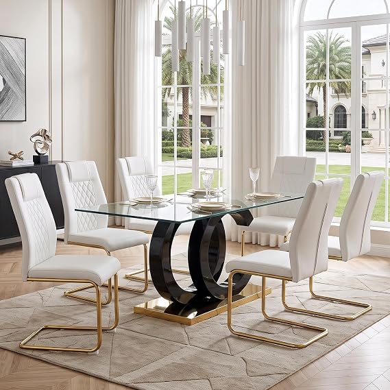Ebullient Modern Dining Table Set for 6 ,7 Piece Dining Table Chairs Set for 6,Glass Table Top and MDF Base,Rectangular Dining Room Table with 6 PU Leather Upholstered Dining Chairs for Kitchen