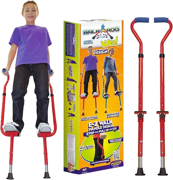 Geospace Adjustable Walkaroo Steel Wee Balance Stilts for Kids - Indoor/Outdoor Play, Exercise, Steel Stilts for Kids- Up to 120 lbs, Height Adjustable Walking Stilts, Kids Stilts -RED