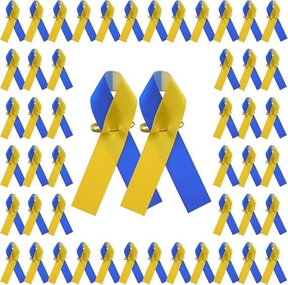 100 Pcs Blue&Yellow Ribbon Pins, Satin Ribbon Pin Down Syndrome Awareness Badge Brooch with Safety pins for Women & Men Event Decoration