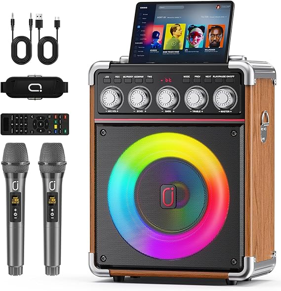 Karaoke Machine for Adults with 2 Wireless Microphones, Portable Bluetooth 5.3 Speaker with Bass/Treble/Echo Adjustment, PA System with Remote Control, Supports TWS/TV/TF Card/USB/AUX (Wood)