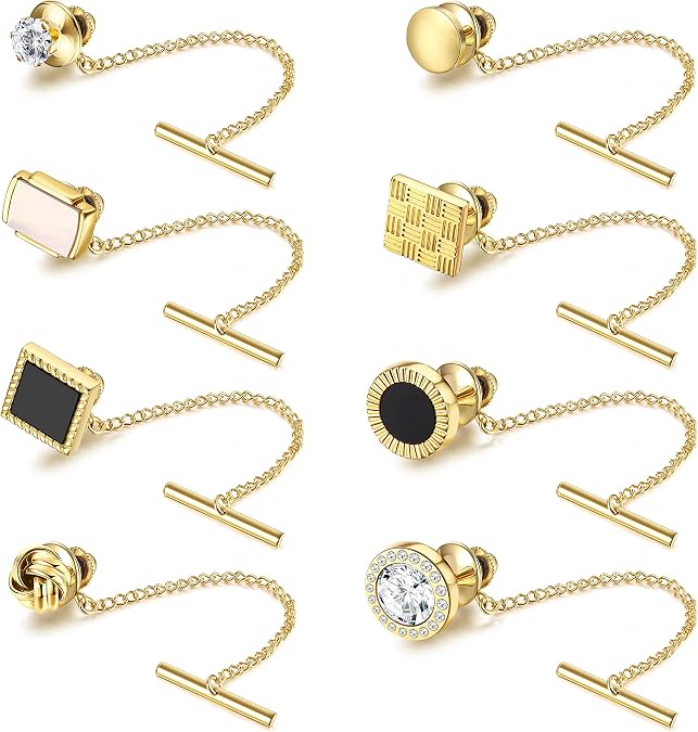 THUNARAZ 8Pcs Tie Pins for Men Tie Tacks with Chain Mens Accessories Clips | Tie Tacks, Tie Pins, Tie Accessories for Wedding/Business/Anniversary, Gift for Husband/Father/Boyfriend, Mens Jewelry Set