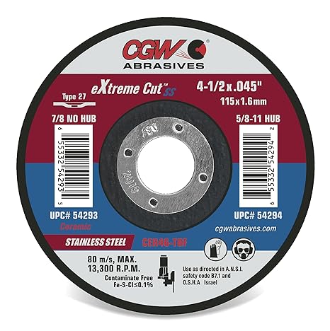 CGW Abrasives Extreme Cut Ceramic Cutting Wheels, Stainless Steel - 54293-41/2X.045X7/8 T27 CER46-T-BF - (25 Pack)