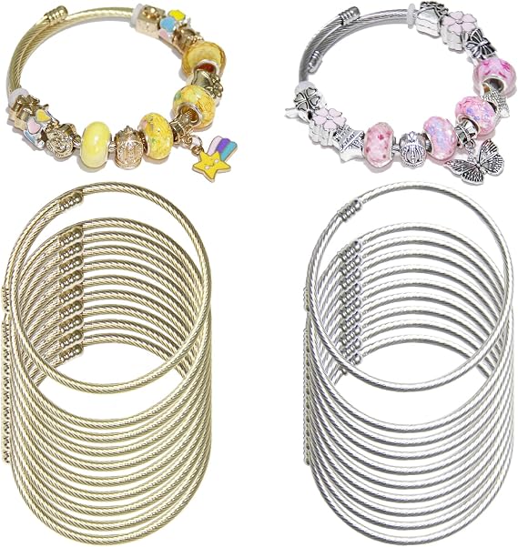 20 Pcs Snake Charm Bracelet Chain Expandable Elastic Charm Bracelet Chain Stainless Steel Cable Wire Twisted Cuff Bangle Bracelet Charm Bracelets Kit for Crafts DIY Women Jewelry Making