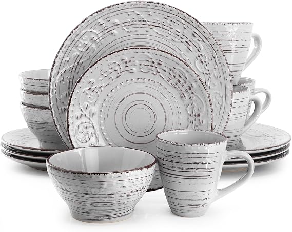 Elama Malibu Calcite 16-Piece Stoneware Embossed Pattern Reactive Glaze Light Gray Dinnerware Set, Tableware, Serveware Set (Calcite Gray)