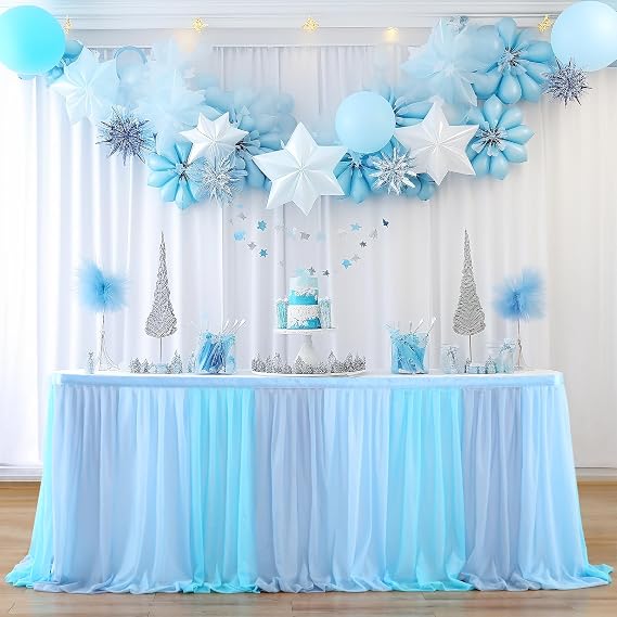 Tulle Table Skirt Blue Tutu Striped Table Skirts for Rectangle Tables 6ft Baby Shower Under the Sea Baby Shark Birthday Parties Decoration