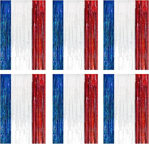 PMU 6 Pack Red,White,Blue Metallic Fringe Curtains | Metallic Foil Fringe Backdrop Curtains | Fringe Backdrop for 4th of July Party Decorations | 3ft x 8ft