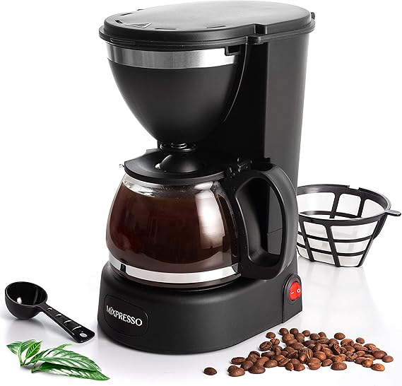 Mixpresso 5 Cup Drip Coffee Maker, Coffee Pot with Reusable Filter, Black | Glass Carafe Coffee Machine with Auto-Off, Anti-Drip, Water Window and Easy On/Off Switch for Convenient Everyday Brewing