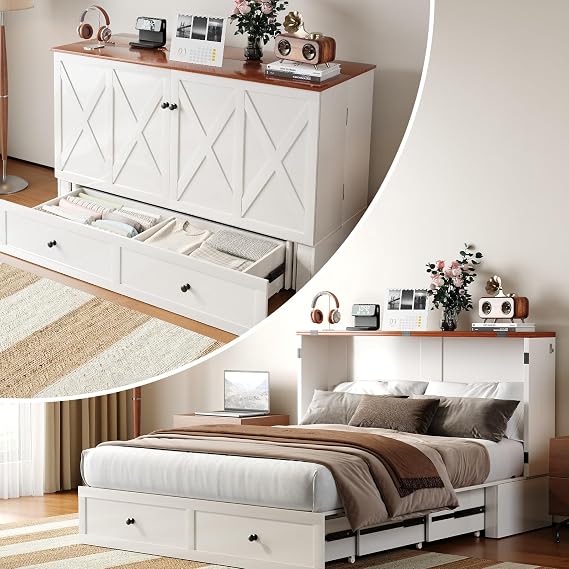 BALUS 63' W Murphy Bed Queen with Mattress Included, Queen Size Murphy Bed with Mattress & USB Charging Station & Storage Drawer, Murphy Cabinet Beds for Living Room/Home Office/Bedroom-White