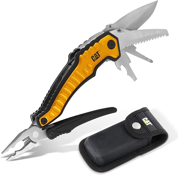 Caterpillar Multi Function Tool 9-in-1, X-Large, Long Nose Pliers, Wire Cutter, Knife, Bottle Opener, Screwdriver, Saw Blade, with Pouch - Yellow 980045