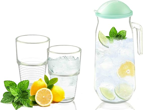 Glasslock Glass Round Pitcher (54 OZ) with Cups (10.3 OZ) 3 Piece Set