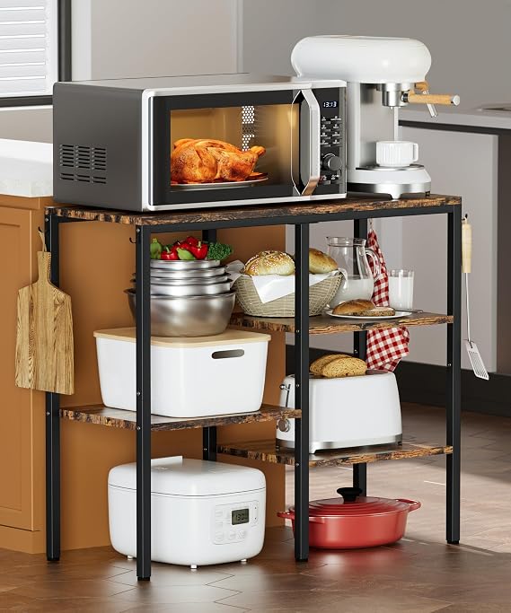 4-Tier Kitchen Microwave Oven Stand, Adjustable Coffee Bar Station for Small Appliance, Baker's Rack with 4 Hooks & 7 Storage Shelves for Kitchen, Living Room, Black